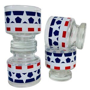 USA Patriotic Pedestal Glasses Set of 4 VTG Red White Blue Star Drinkware Cockta